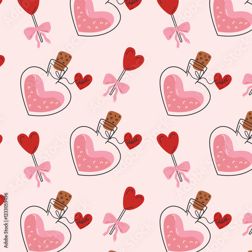 whimsical repeating pattern featuring pink heart-shaped potion bottles, red hearts, and pink bows, perfect for Valentine’s Day, romantic stationery, or playful designs