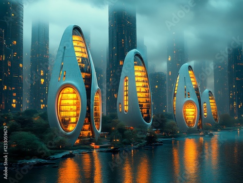 A futuristic cityscape with oval-shaped buildings by a waterbody, illuminated with bright orange light reflecting on the surface. Tall skyscrapers are partially hidden in fog or clouds in the backgrou