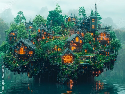 A fantastical floating settlement above water, consisting of pointed-roof houses surrounded by trees and greenery. The houses emit warm light, creating a cozy atmosphere, with misty mountains 