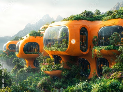 A fantastical floating settlement above water, consisting of pointed-roof houses surrounded by trees and greenery. The houses emit warm light, creating a cozy atmosphere, with misty mountains in the b