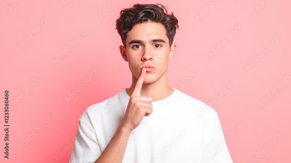 young man with finger on lips making a hush gesture young man with finger on lips making a hush gesture