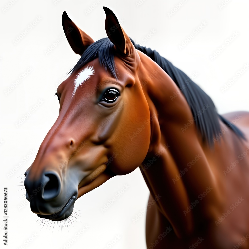 Fototapeta premium Closeup portrait of brown horse head. Animal features detailed in illustration. High quality image. Perfect for equine lovers, nature photographers. Illustration portrays majestic animal. Perfect for