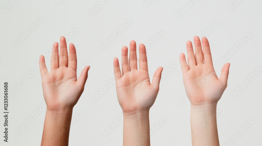 three raised hands on a white background three raised hands on a white background