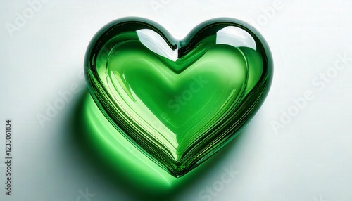 A green heart made of translucent glass, reflecting light with soft highlights
