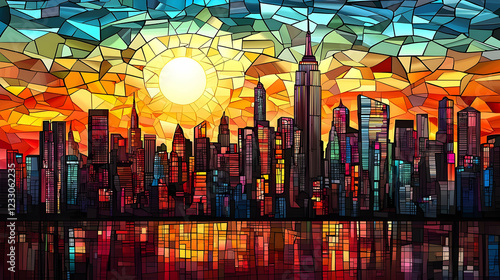 Stained Glass NYC Skyline with Sun - Urban Architecture Art Interpretation