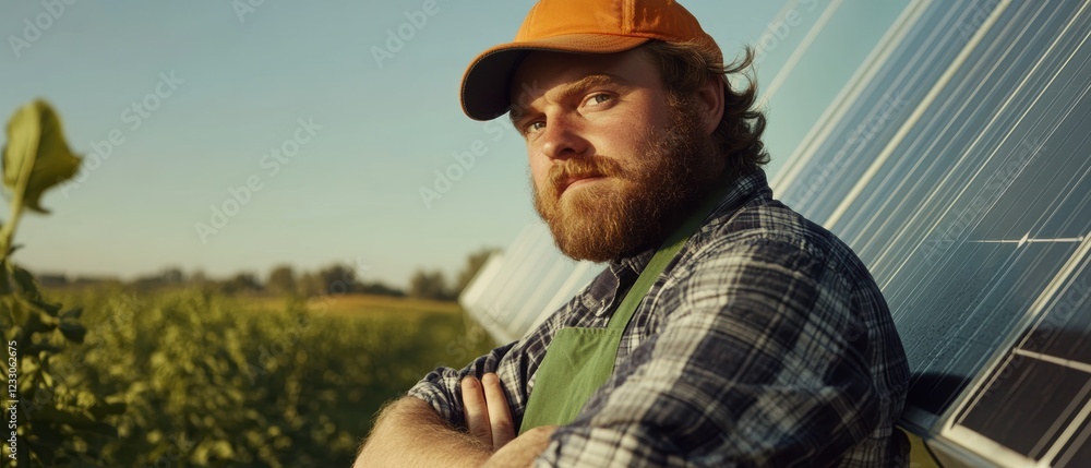 Obraz premium Farmer with beard standing near solar panels in agricultural field, showcasing sustainable energy practices and modern agriculture in rural landscape.