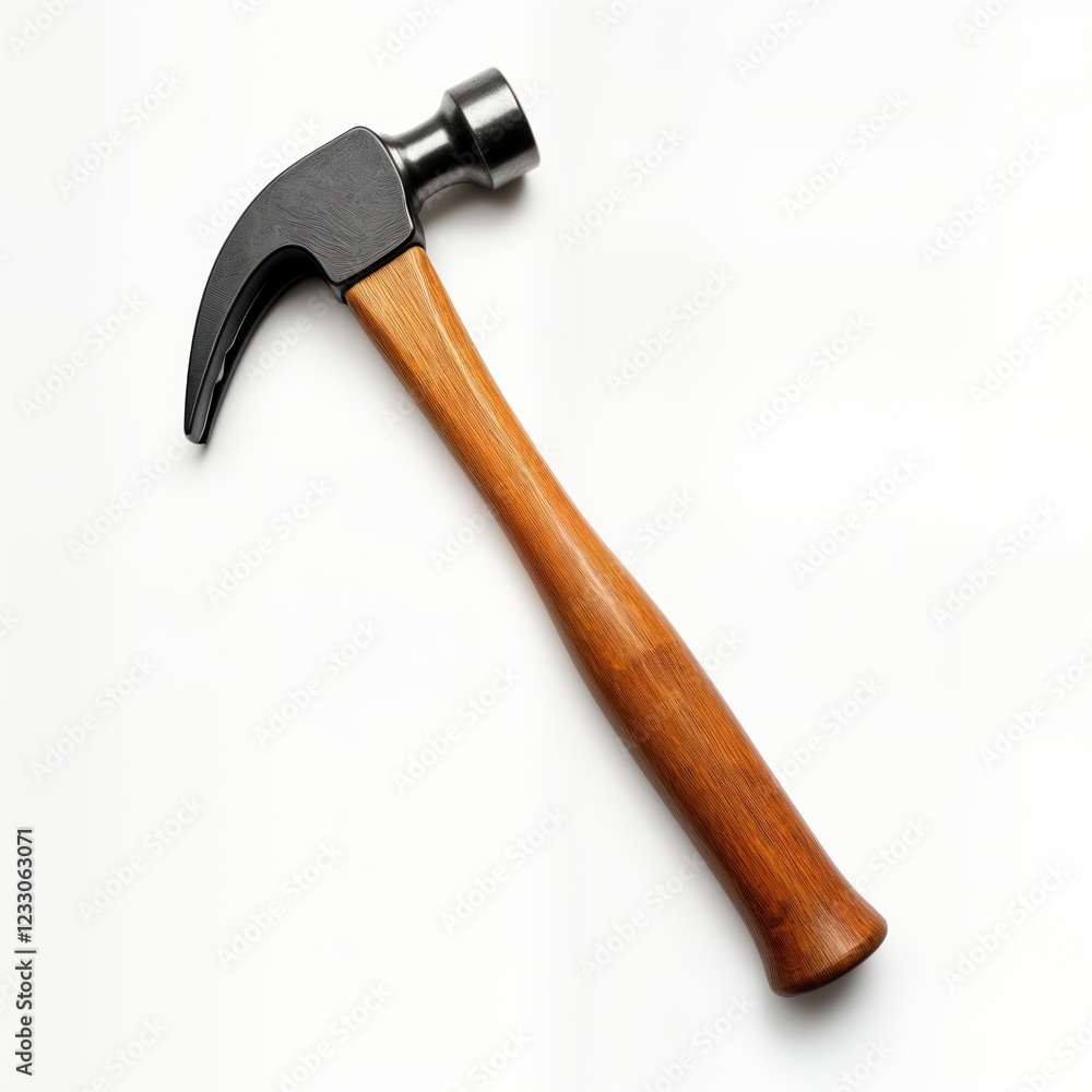 Close-up of metal hammer with wooden handle. Tool perfect for construction projects. Isolated on white background. Hammer ready to use for repair construction tasks. Wooden handle smooth, Close-up of metal hammer with wooden handle. Tool perfect for construction projects. Isolated on white background. Hammer ready to use for repair construction tasks. Wooden handle smooth,