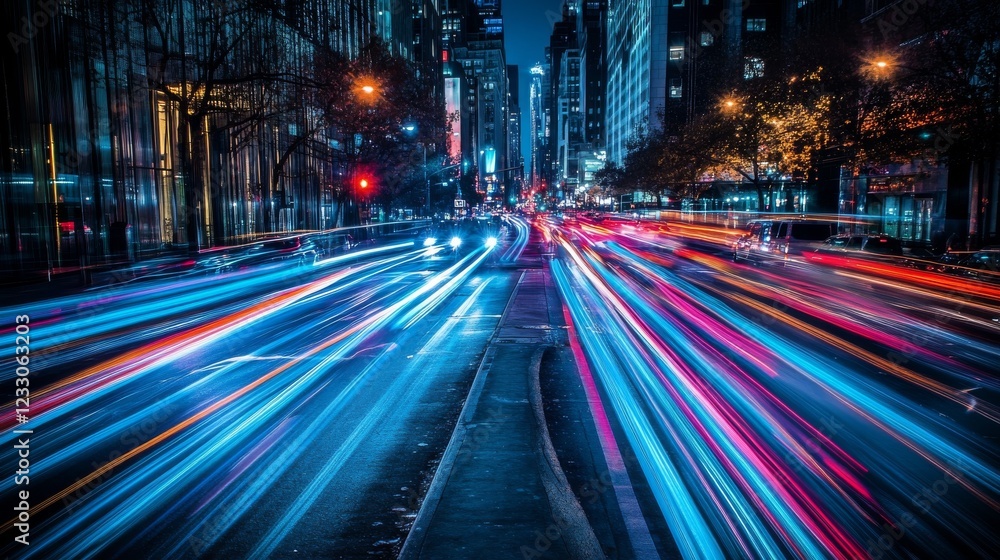 Obraz premium City streets light up with colorful trails as cars speed by. Blue streaks of light create a sense of motion and speed.