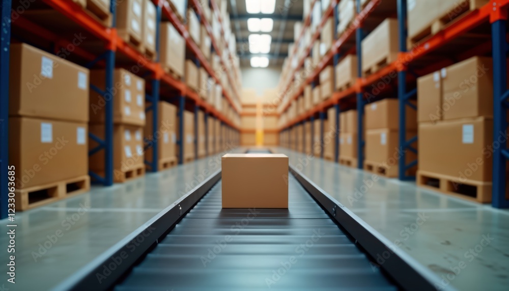 Fototapeta premium Empty cardboard box moves on conveyor belt in large warehouse filled with many similar boxes on shelves. Logistics, eco-friendly shipping practices highlighted in image. Modern ecommerce fulfillment,