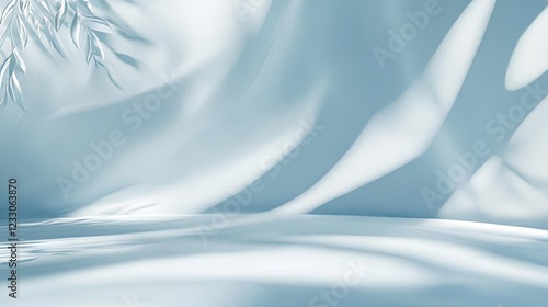 Light blue backdrop for showcasing products. Panoramic photo with sunlight and abstract shadows on the wall, creating a stylish look.