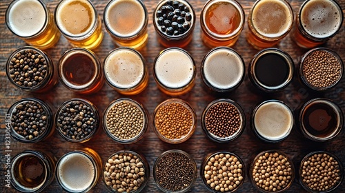 Beer Flight Tasting with Hops & Grains on Bar photo