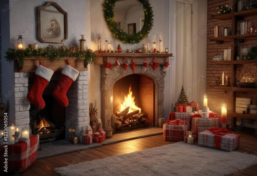 Cozy Christmas Eve scene with a stocking hung by the chimney, hanging, chest of drawers Cozy Christmas Eve scene with a stocking hung by the chimney, hanging, chest of drawers