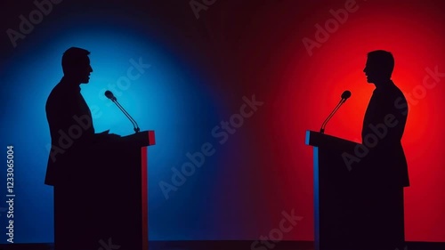 Two silhouetted figures stand at podiums in a dramatic red and blue-lit setting, symbolizing political debates and opposition.