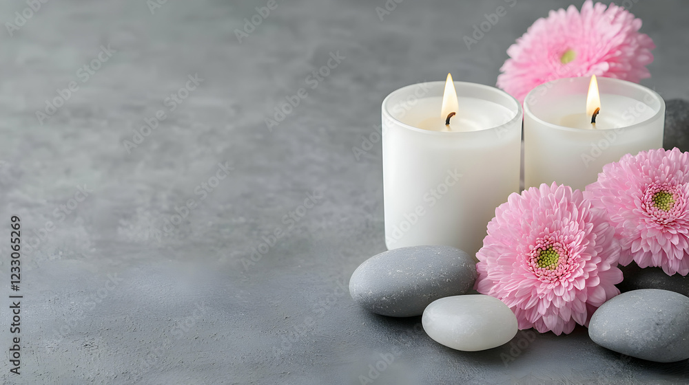Tranquil spa setting candles, flowers, stones. Relaxation, wellness Tranquil spa setting candles, flowers, stones. Relaxation, wellness