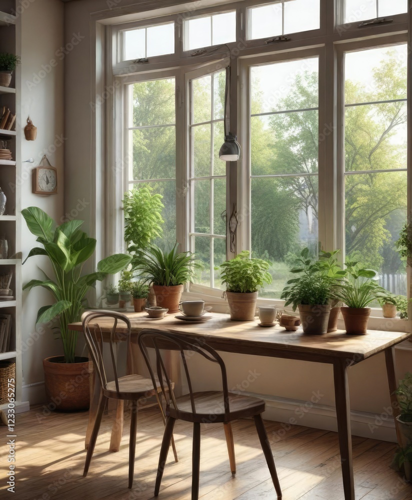 Cozy kitchen table near an open window with plants, fresh air, greenery Cozy kitchen table near an open window with plants, fresh air, greenery
