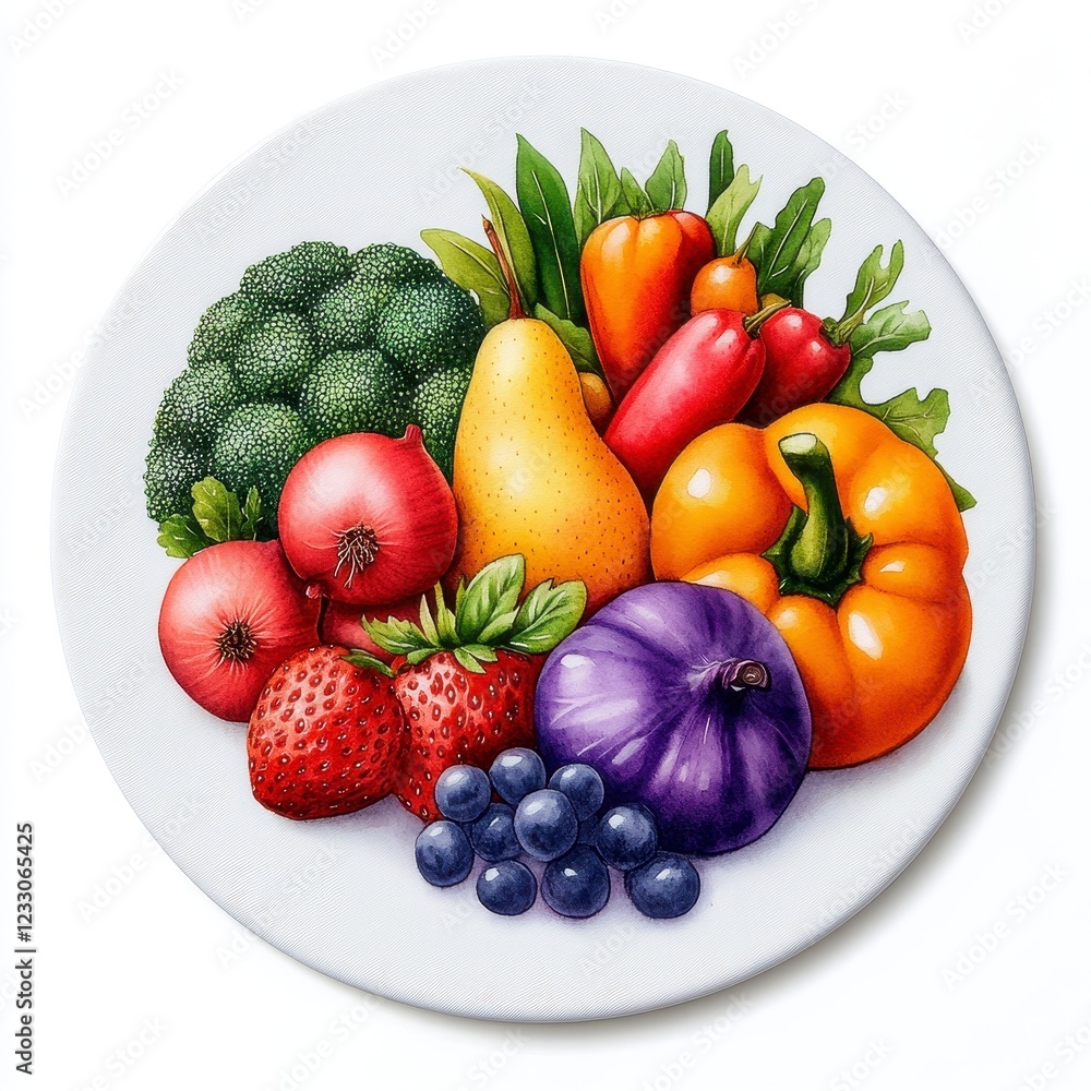 Vibrant still life painting of fresh fruits and vegetables arranged on a white plate. showcases a variety of colors and textures, including broccoli, pears, bell peppers, strawberries, blueberries Vibrant still life painting of fresh fruits and vegetables arranged on a white plate. showcases a variety of colors and textures, including broccoli, pears, bell peppers, strawberries, blueberries