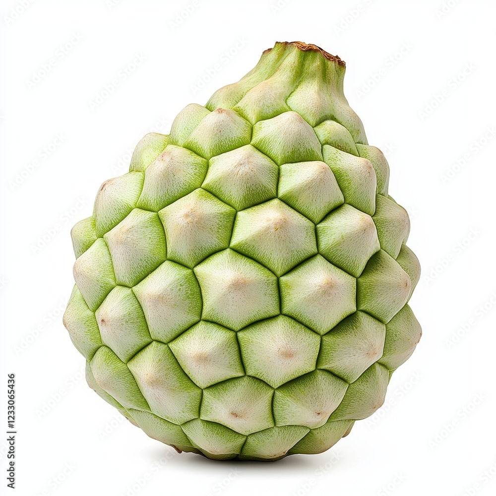 Fototapeta premium Close-up of a single cherimoya fruit, showcasing its unique textured surface and light green color against a clean white background. The image is well-lit and focuses on the fruit's intricate details.