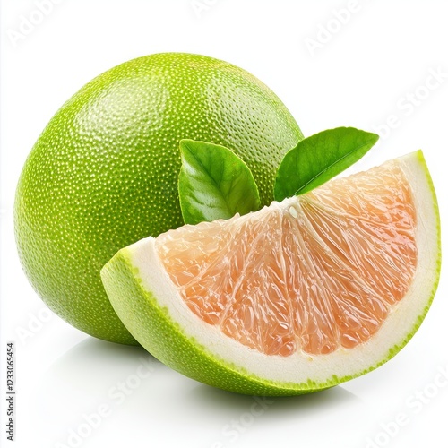 Close-up view of a whole and a sliced pomelo fruit, showcasing its light green rind and light pink flesh, accompanied by vibrant green leaves on a bright white background.