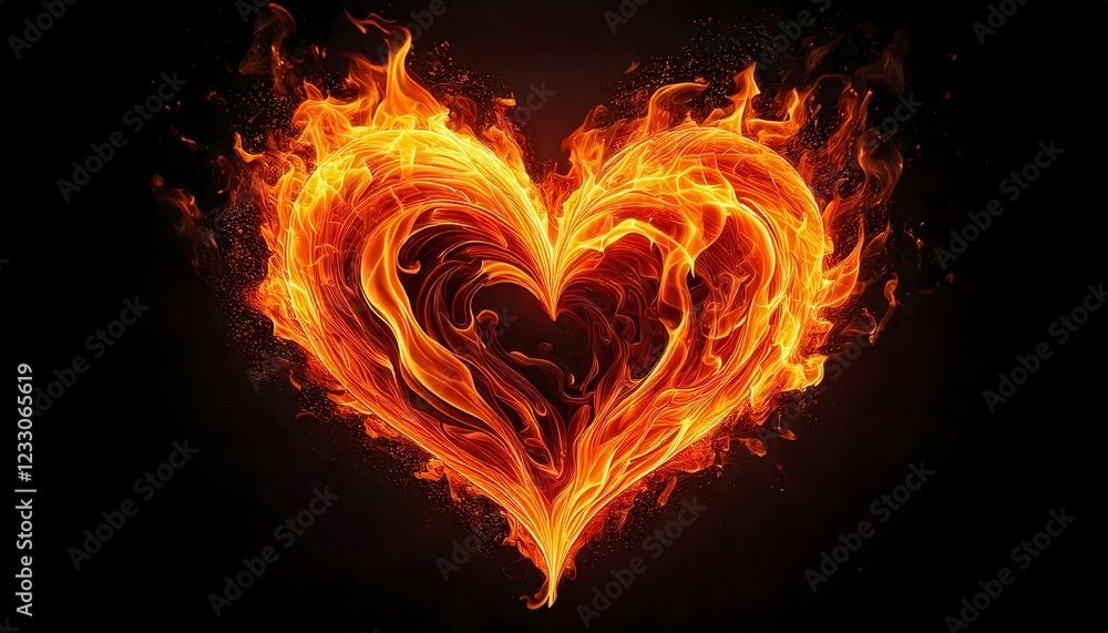 Fototapeta premium A heart made of realistic flames, glowing intensely with orange and yellow fire