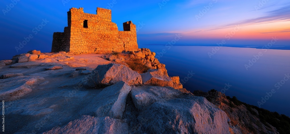 Fototapeta premium Sunset over coastal ruins; tranquil sea; rocky cliff; travel