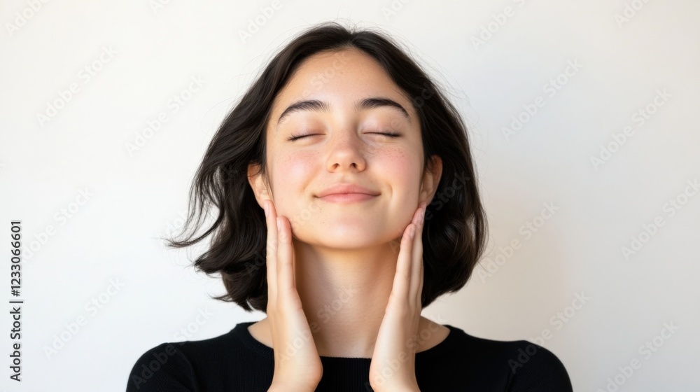 young woman with clear skin gently touches her face with a peaceful expression young woman with clear skin gently touches her face with a peaceful expression