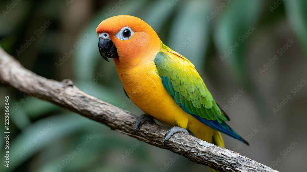 Obraz premium Sun parakeet perched on branch, tropical foliage background, wildlife photography, nature