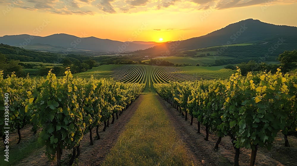Fototapeta premium Vineyard sunset, mountain landscape, idyllic rural scene, winemaking