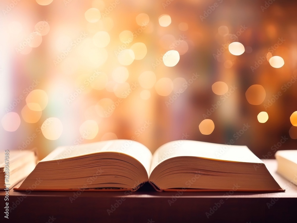 An open book lying on a surface with a blurred, colorful background of glowing lights, creating a magical or dreamy atmosphere. The background colors range from warm orange and yellow to cool blue and An open book lying on a surface with a blurred, colorful background of glowing lights, creating a magical or dreamy atmosphere. The background colors range from warm orange and yellow to cool blue and