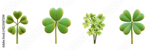 PNG clover 3d icons and objects collection, in cartoon style minimal on transparent, white background, isolate