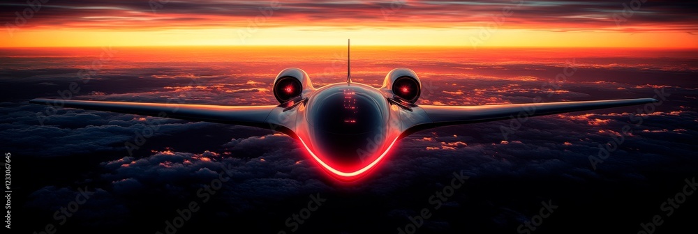 Fototapeta premium Futuristic plane flying over sunset clouds