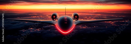 Futuristic plane flying over sunset clouds