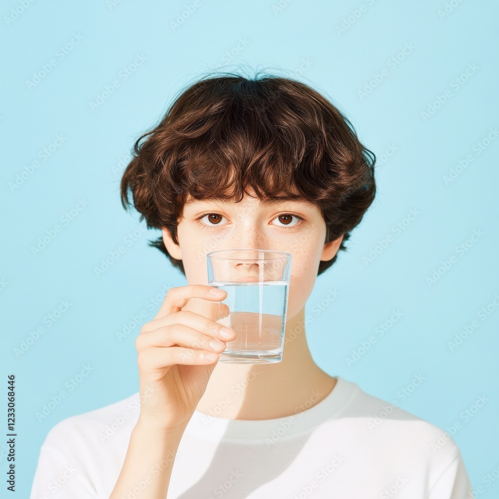 young person drinking a glass of fresh water on a blue background young person drinking a glass of fresh water on a blue background