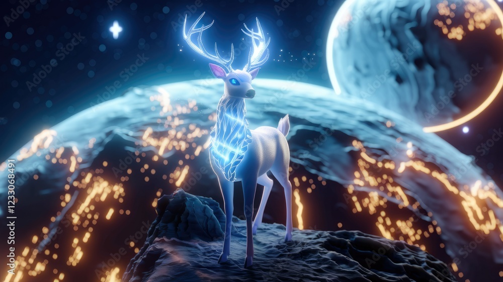 Obraz premium A luminous white deer with glowing antlers stands on an alien planet amidst celestial bodies and glowing lights.