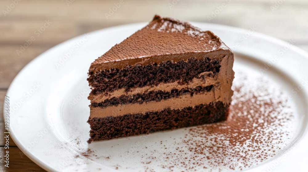 A slice of decadent chocolate cake with layers of rich chocolate ganache and a dusting of cocoa powder, placed on a plain white plate, Slice centered with a slightly angled view A slice of decadent chocolate cake with layers of rich chocolate ganache and a dusting of cocoa powder, placed on a plain white plate, Slice centered with a slightly angled view