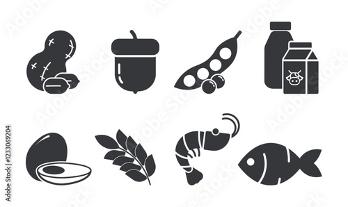 Bundle set of food allergy icons including tree nuts, egg, seafood, peanuts, wheat, gluten, milk, and peas