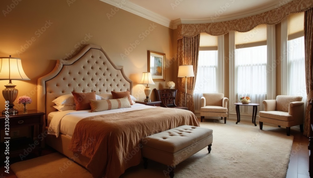 Fototapeta premium Luxurious Hotel Bedroom with Bay Window and Elegant Decor