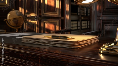 Wallpaper Mural A luxurious study with a stack of documents, a pen, and a globe, illuminated by a desk lamp. Torontodigital.ca
