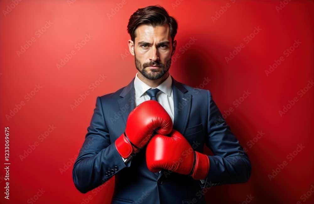 Confident businessman in tailored suit holds red boxing gloves against red background. Strong, determined executive ready to compete. Pro style with bold attitude. Urban setting. Posing for photo Confident businessman in tailored suit holds red boxing gloves against red background. Strong, determined executive ready to compete. Pro style with bold attitude. Urban setting. Posing for photo