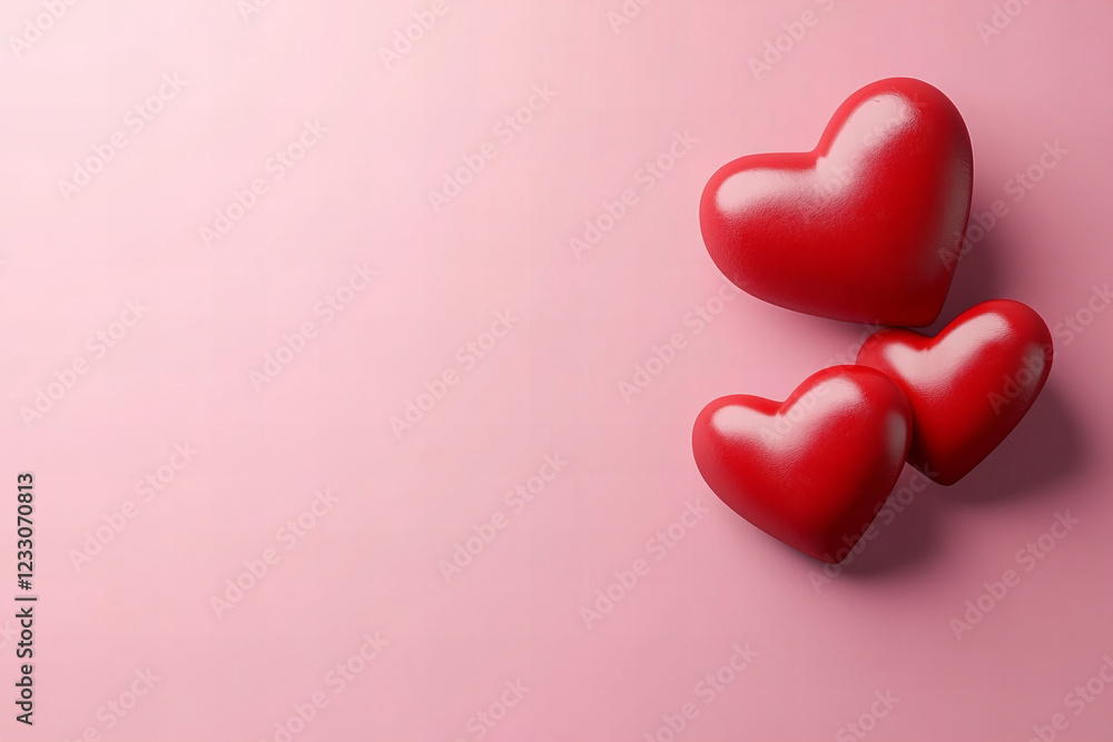 Glossy red hearts arranged on a soft pink background, perfect for Valentine's Day, romantic designs, wedding themes, and love-related celebrations Glossy red hearts arranged on a soft pink background, perfect for Valentine's Day, romantic designs, wedding themes, and love-related celebrations