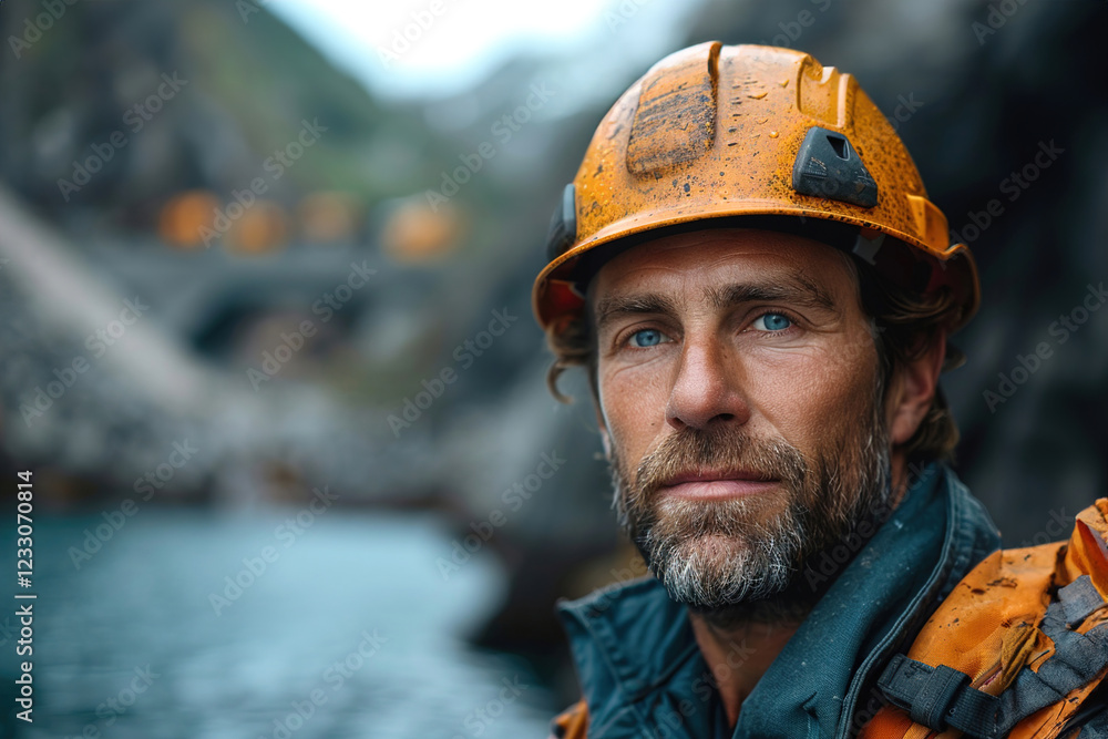 Portrait of mid-age hydroelectric engineer in front of a large dam overseeing operations Portrait of mid-age hydroelectric engineer in front of a large dam overseeing operations