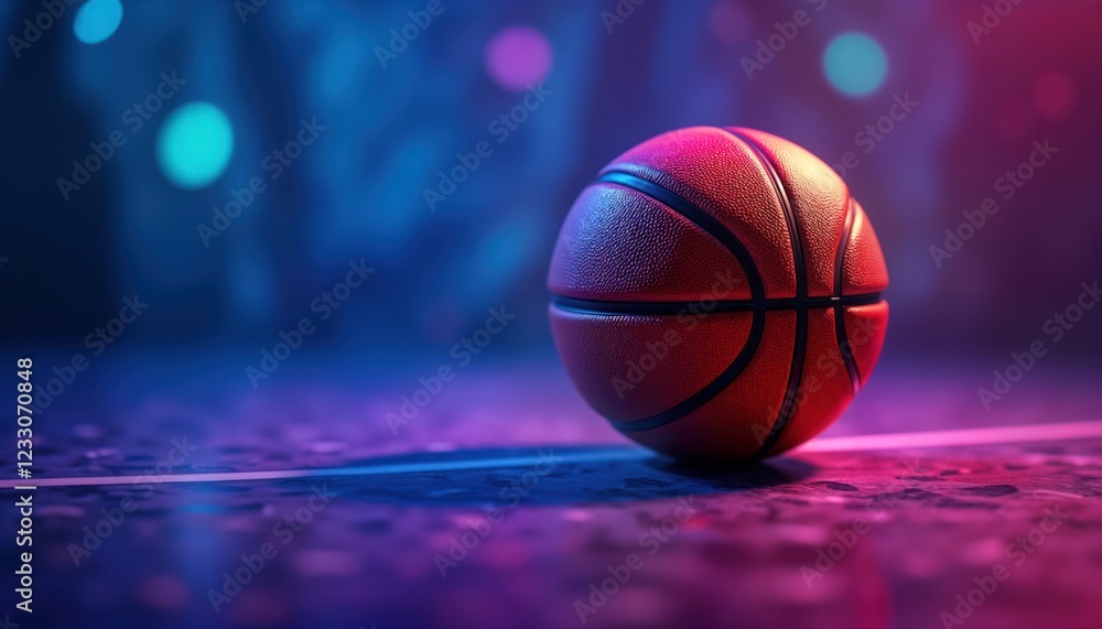 Abstract image features glowing basketball on purple-blue background. Dynamic lighting creates energetic feel. Photo suitable for sport leisure themes. Modern design, illustrative style. Suitable for Abstract image features glowing basketball on purple-blue background. Dynamic lighting creates energetic feel. Photo suitable for sport leisure themes. Modern design, illustrative style. Suitable for