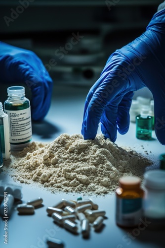 Laboratory setting with gloves and powdered substances, pharmaceutical research involving medication, drug formulation, and safety protocols in health science industry. photo