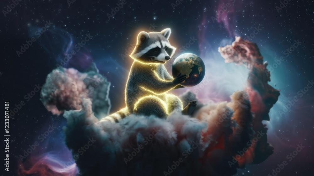 Fototapeta premium A luminous raccoon cradles Earth, sitting serenely on a cosmic cloud in a nebula.