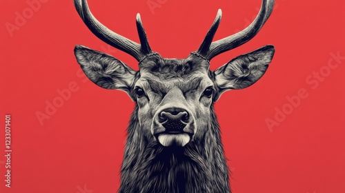 style flat illustration deer, top view, red solid background, elegant and serene, smooth contours of the deer emphasized, minimalistic and striking presentation. clean lines 2D design photo