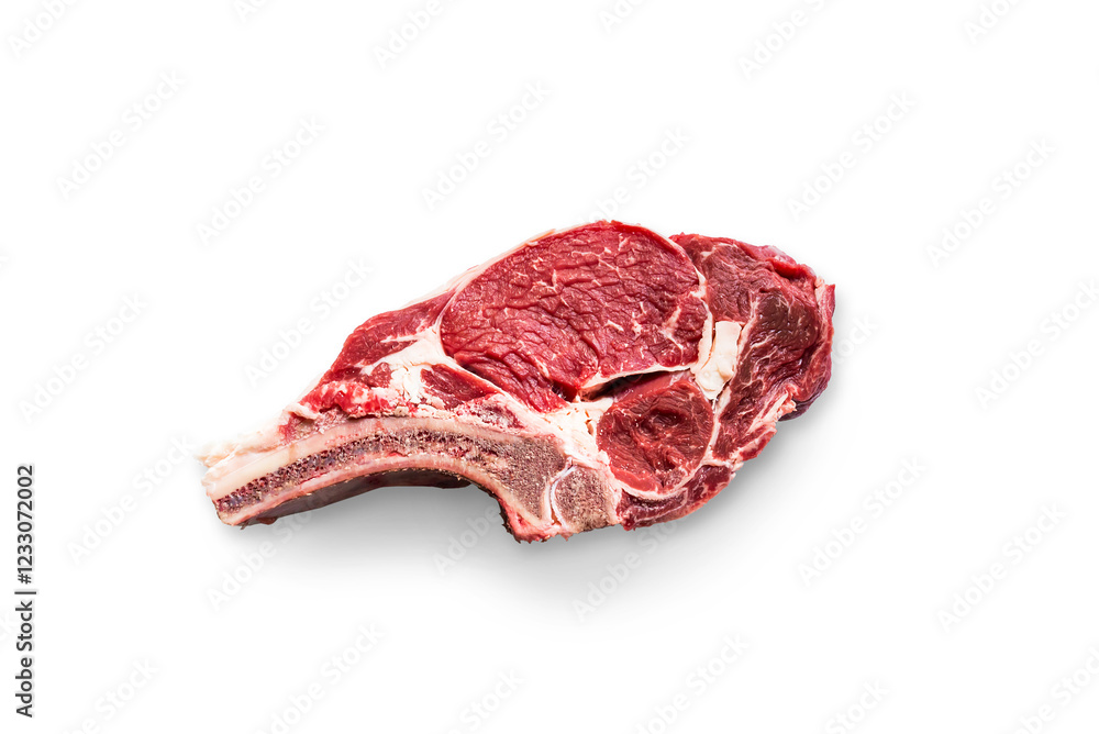 Organic raw beef tomahawk isolated on a transparent background with shadow, top view, png Organic raw beef tomahawk isolated on a transparent background with shadow, top view, png