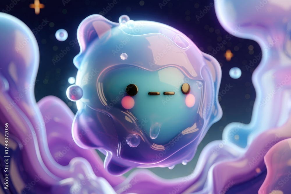 Fototapeta premium A cute, iridescent blob creature floats in a cosmic, fluid landscape.
