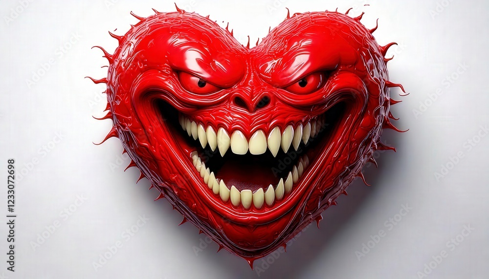 Naklejka premium A red heart with a wide creepy smile, showing sharp teeth inside