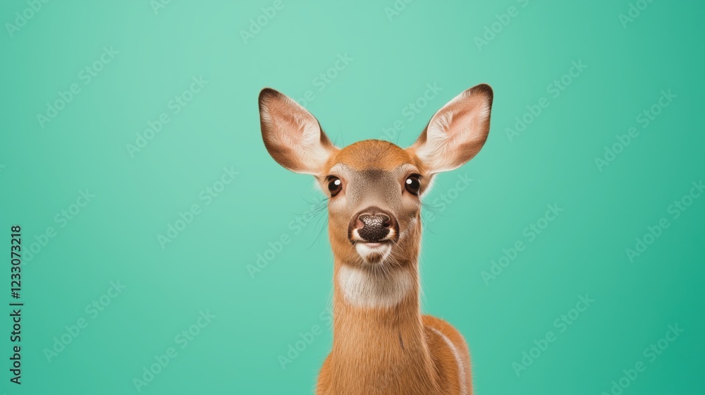 Portrait of a young deer against vibrant teal background in studio setting Portrait of a young deer against vibrant teal background in studio setting