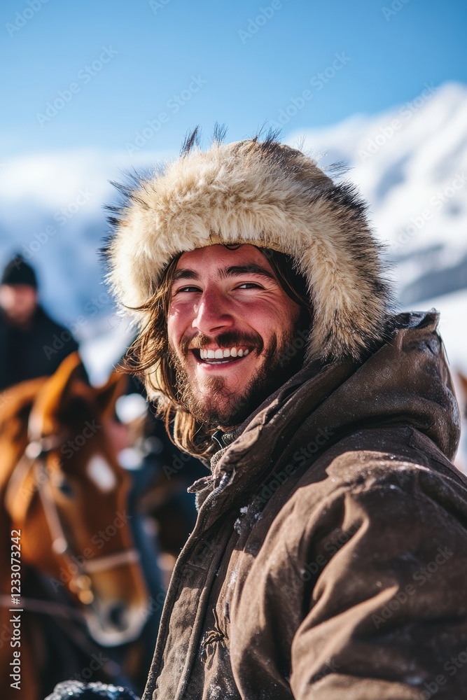 Man wearing fur hat smiles joyfully in snowy mountains with horses. Outdoor adventure, winter activities, and horseback riding in scenic landscape. Man wearing fur hat smiles joyfully in snowy mountains with horses. Outdoor adventure, winter activities, and horseback riding in scenic landscape.