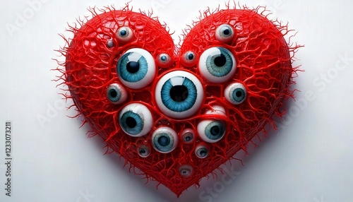A red heart with multiple realistic human eyeballs embedded in it
